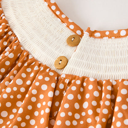 Girls Thanksgiving Fall Turkey Smock Embroidery Orange Dot Dress