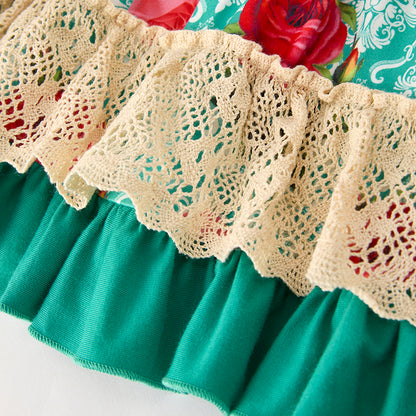 Girls Fall Pumpkin Floral Lace Long Sleeves Dress