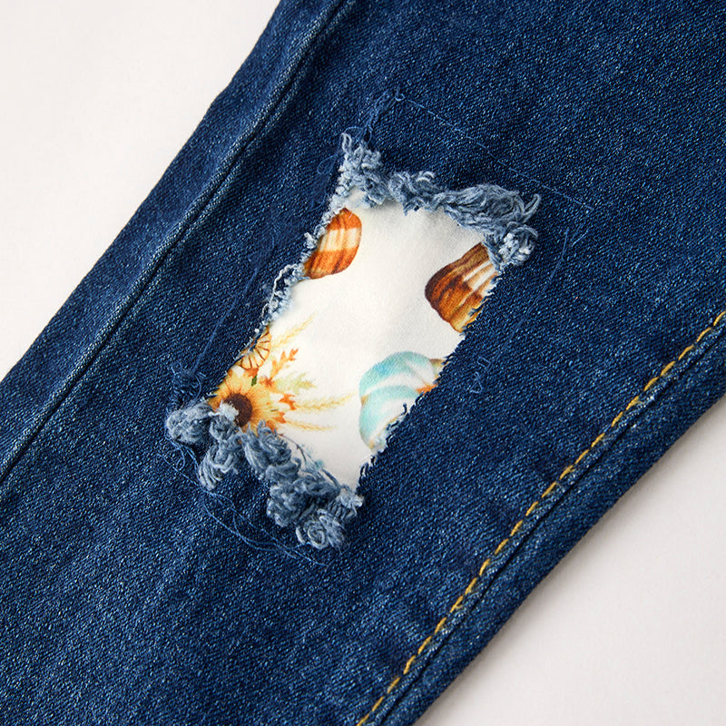 Girls Halloween Fall Pumpkin Denim Pant Set