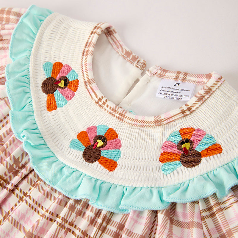 Girls Thanksgiving Turkey Smock Embroidery Plaid Dress