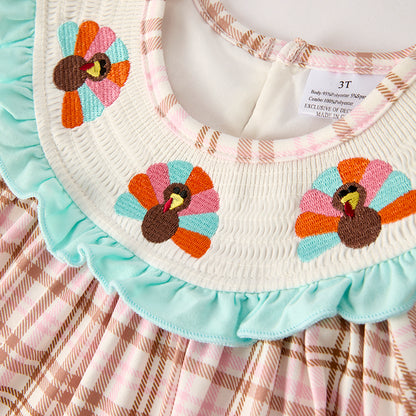 Girls Thanksgiving Turkey Smock Embroidery Plaid Pant Set