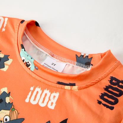 Boys Fall Halloween Orange BOO Cartoon Print Short Sleeves Top