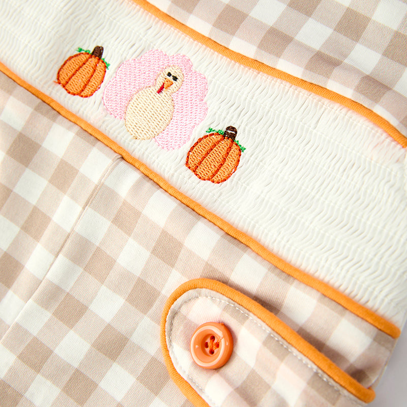 Baby Boys Thanksgiving Pumpkin Turkey Embroidered Plaid Romper