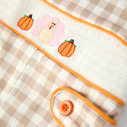 Baby Boys Thanksgiving Pumpkin Turkey Embroidered Plaid Romper
