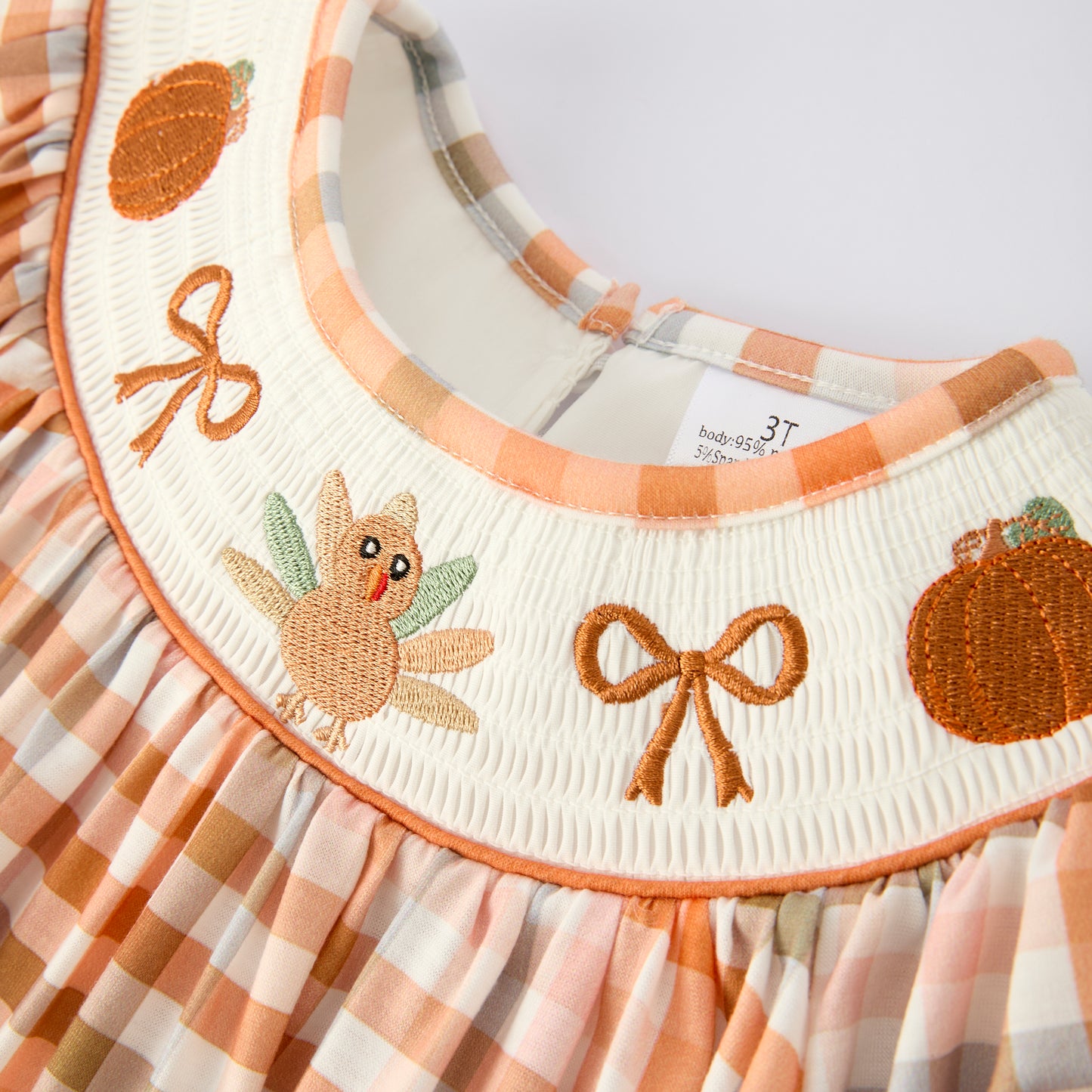 Thanksgiving Pumpkin Turkey Bow Embroidery Smock Fall Dress
