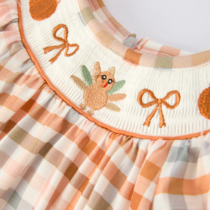 Thanksgiving Pumpkin Turkey Bow Embroidery Smock Fall Bubble Romper