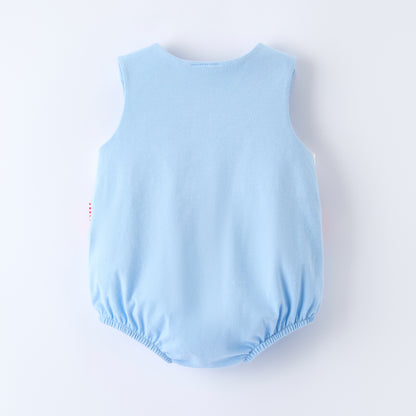 Boys Baby Summer Baseball Smocked Embroidery Blue Romper