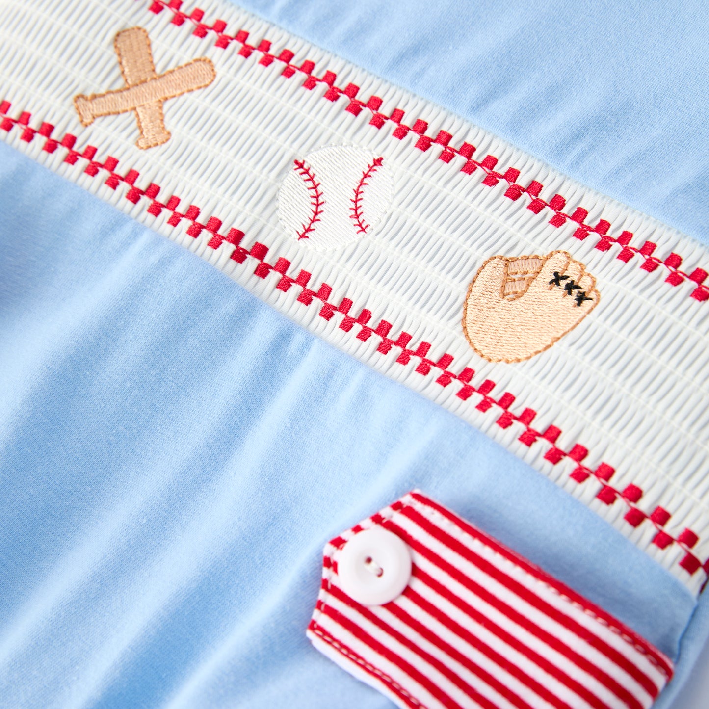 Boys Baby Summer Baseball Smocked Embroidery Blue Romper