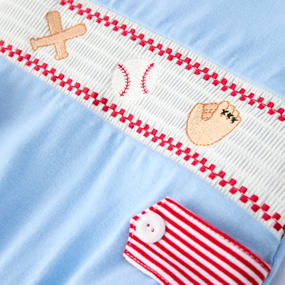 Boys Baby Summer Baseball Smocked Embroidery Blue Romper