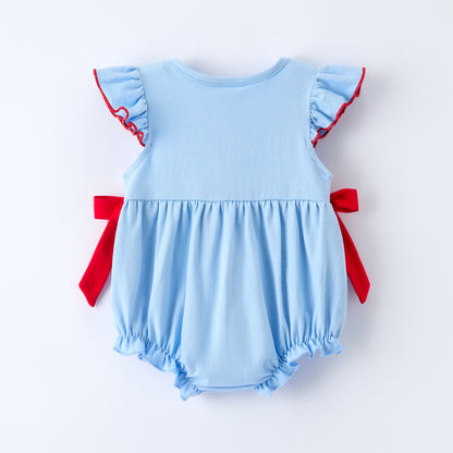 Girls Baby Summer Baseball Smocked Embroidery Blue Romper