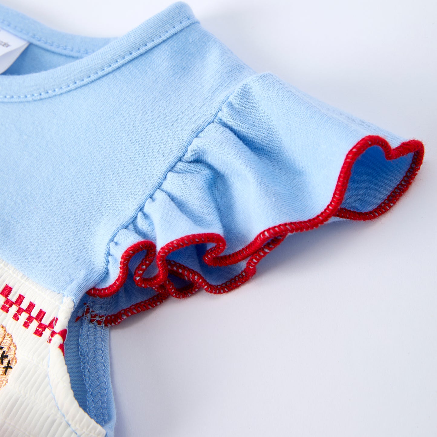 Girls Baby Summer Baseball Smocked Embroidery Blue Romper