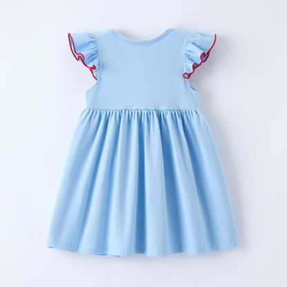 Girls Spring Baseball Embroidery Smocked Blue Dress