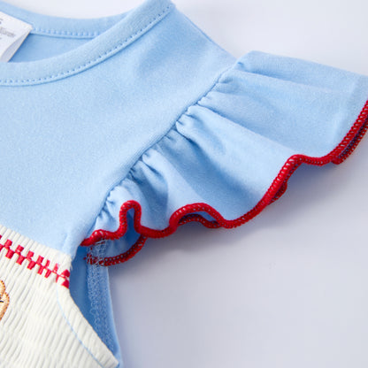 Girls Spring Baseball Embroidery Smocked Blue Dress