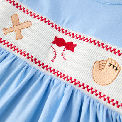 Girls Spring Baseball Embroidery Smocked Blue Dress