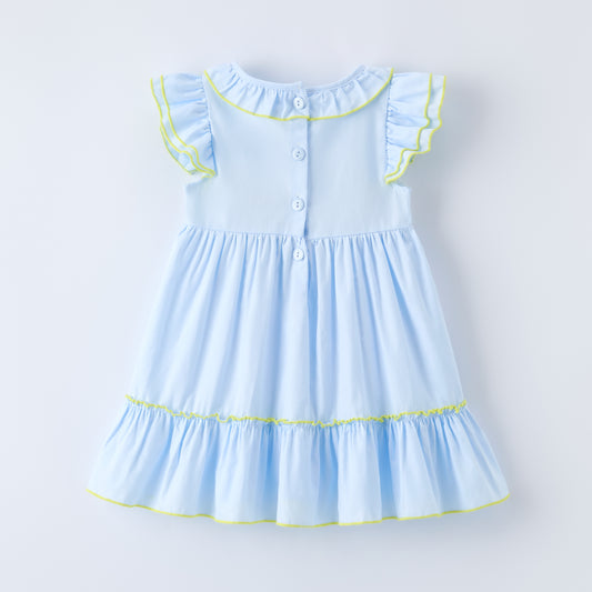 Girls Easter Bunny Eggs Cross Embroidery Smocked Blue Dress