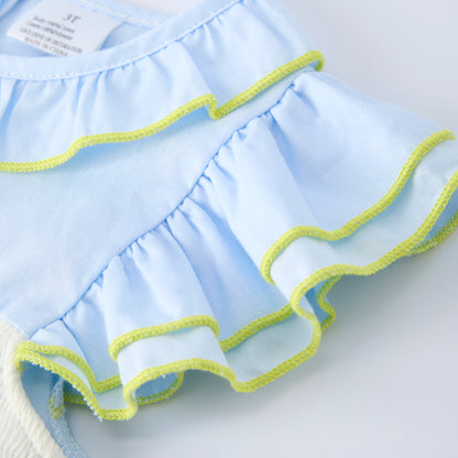 Girls Easter Bunny Eggs Cross Embroidery Smocked Blue Dress