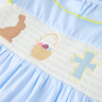 Girls Easter Bunny Eggs Cross Embroidery Smocked Blue Dress