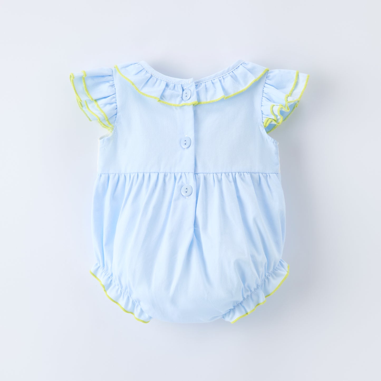 Girls Easter Bunny Eggs Cross Embroidery Smocked Blue Bubble Romper