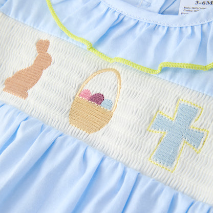 Girls Easter Bunny Eggs Cross Embroidery Smocked Blue Bubble Romper
