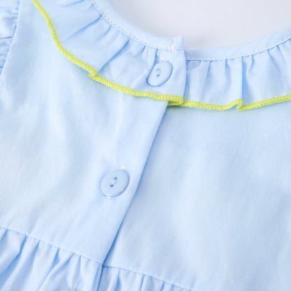 Girls Easter Bunny Eggs Cross Embroidery Smocked Blue Bubble Romper