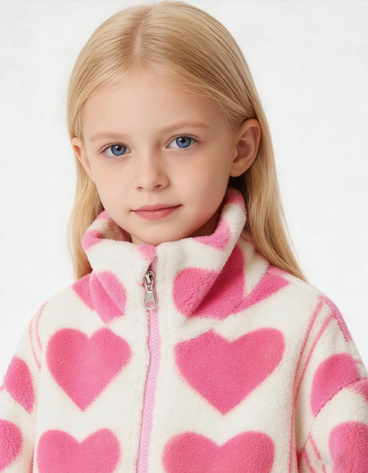 Girls’ Sherpa Lined Zip-Up Hoodie – Valentine’s Heart Jacket