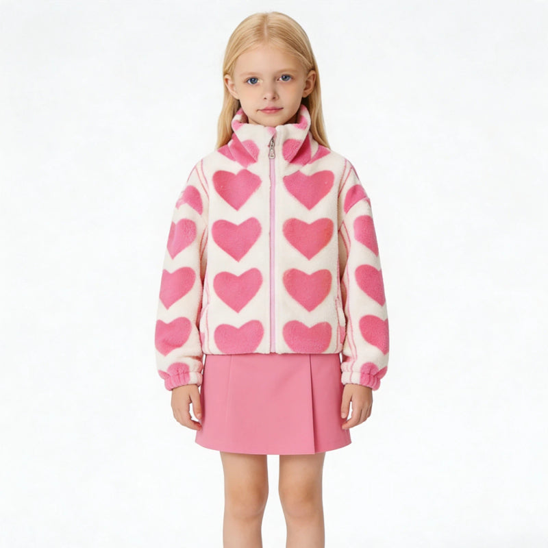 Girls’ Sherpa Lined Zip-Up Hoodie – Valentine’s Heart Jacket