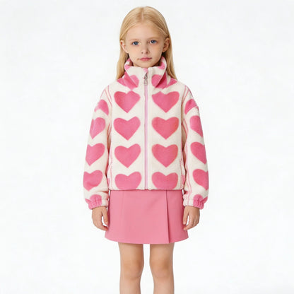 Girls’ Sherpa Lined Zip-Up Hoodie – Valentine’s Heart Jacket