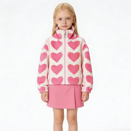 Girls’ Sherpa Lined Zip-Up Hoodie – Valentine’s Heart Jacket