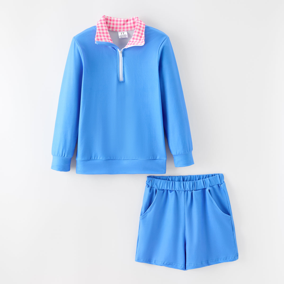 Girls Gingham Collar Quarter-Zip Sweatshirt & Shorts Set – Preppy Colorblock Two-Piece Outfit