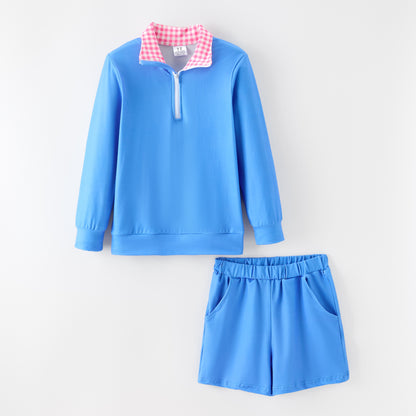 Girls Gingham Collar Quarter-Zip Sweatshirt & Shorts Set – Preppy Colorblock Two-Piece Outfit