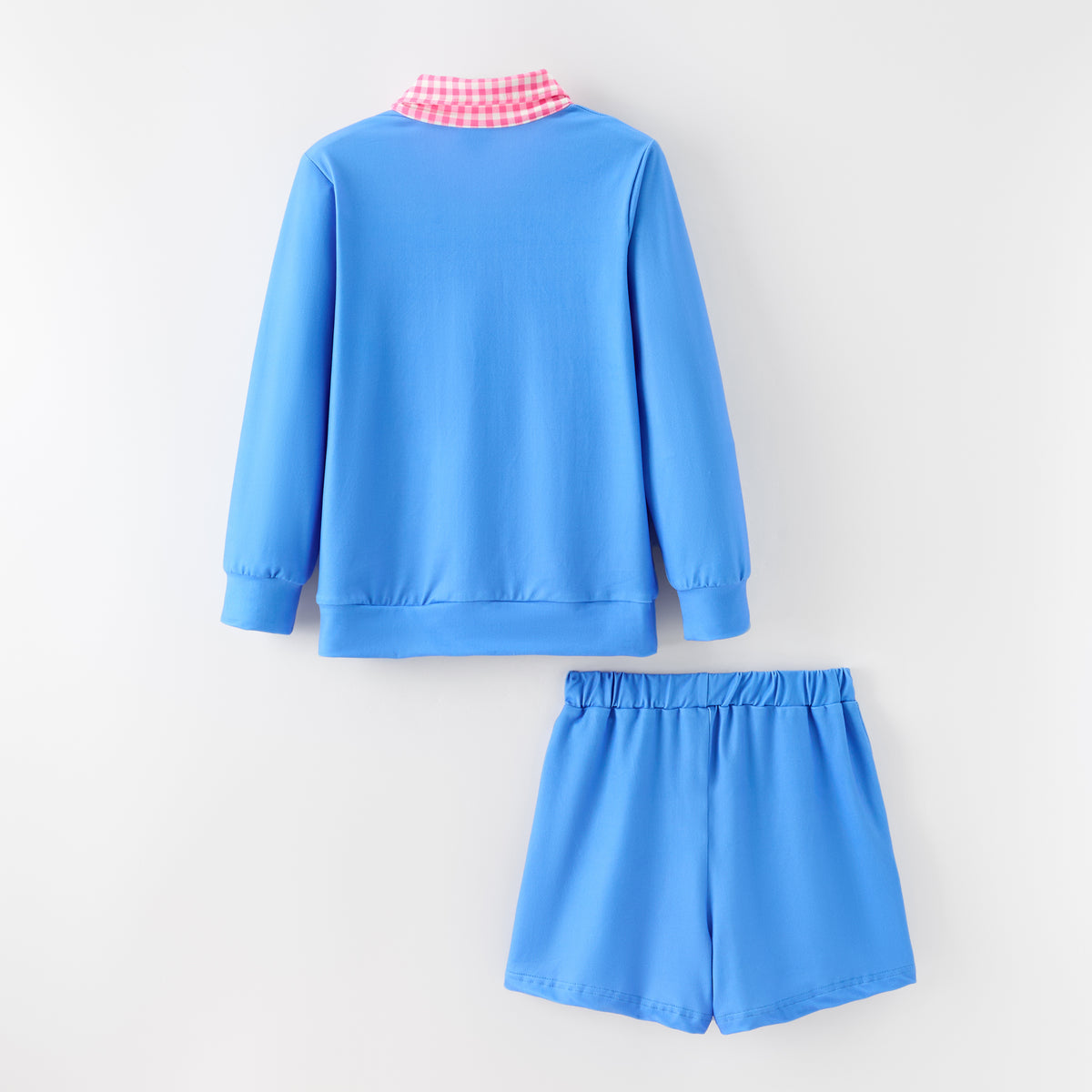 Girls Gingham Collar Quarter-Zip Sweatshirt & Shorts Set – Preppy Colorblock Two-Piece Outfit