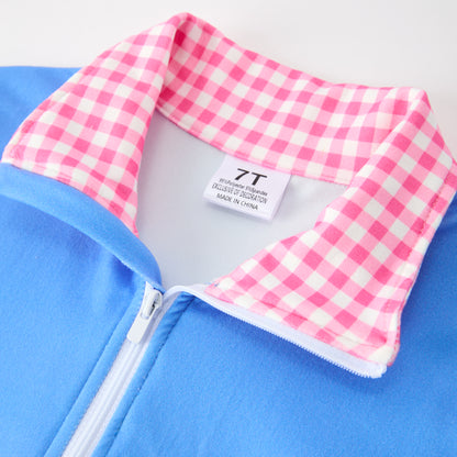 Girls Gingham Collar Quarter-Zip Sweatshirt & Shorts Set – Preppy Colorblock Two-Piece Outfit