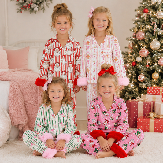 Girls Christmas Pajama Set – Holiday Print Button-Up Sleepwear with Fuzzy Trim
