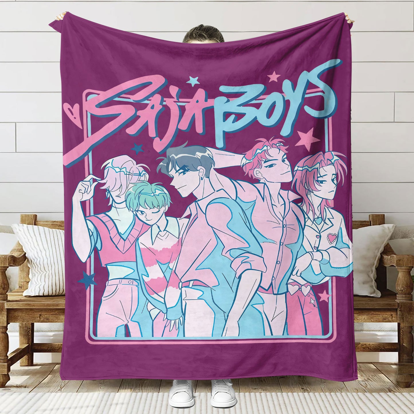 Kpop Demon Hunters Saja Boys Plush Throw Blanket, Flannel Nap Blanket for Sofa or Bed