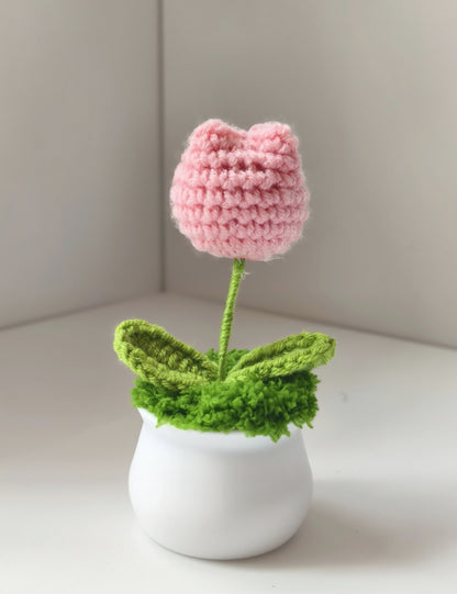 Handmade Knitted Flower Pot – Yarn Sunflower, Carnation & Tulip Desk Decor