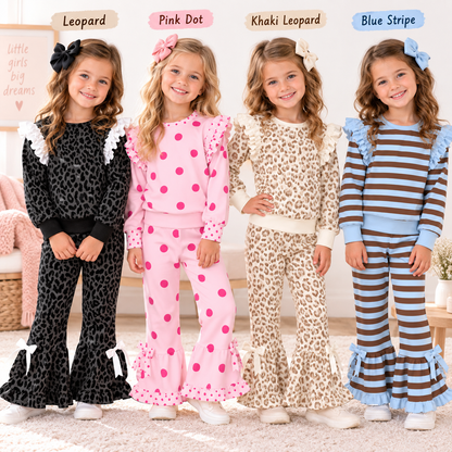 Girls Ruffle Bell Bottom Set – Leopard, Polka Dot & Striped Two-Piece Outfit