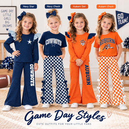 Girls Game Day Football Two-Piece Outfit – Ruffle Top & Flare Pants Set