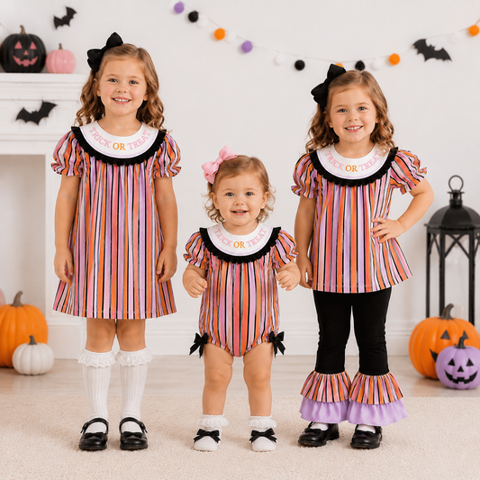Girls Halloween Trick or Treat Outfit Collection | Dress, Romper & Ruffle Pant Set | Soft Polyester Spandex Boutique Apparel
