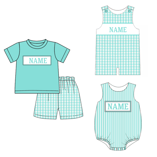 Boys Summer Custom Name Blue Plaid Romper Short Set
