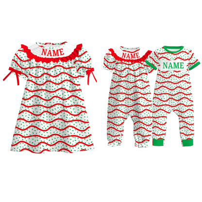 Kids Christmas Stripes Custom Name Red Green Dress & Romper