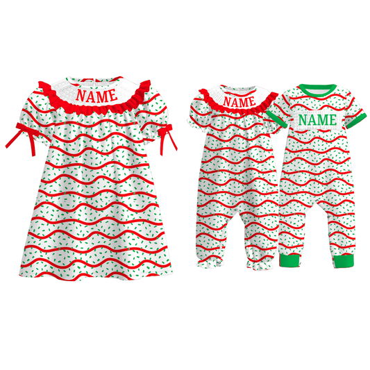Kids Christmas Stripes Custom Name Red Green Dress & Romper