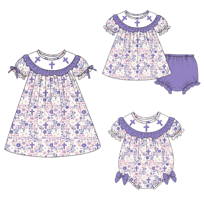 Easter Purple Floral Cross Embroidery Outfit Collection