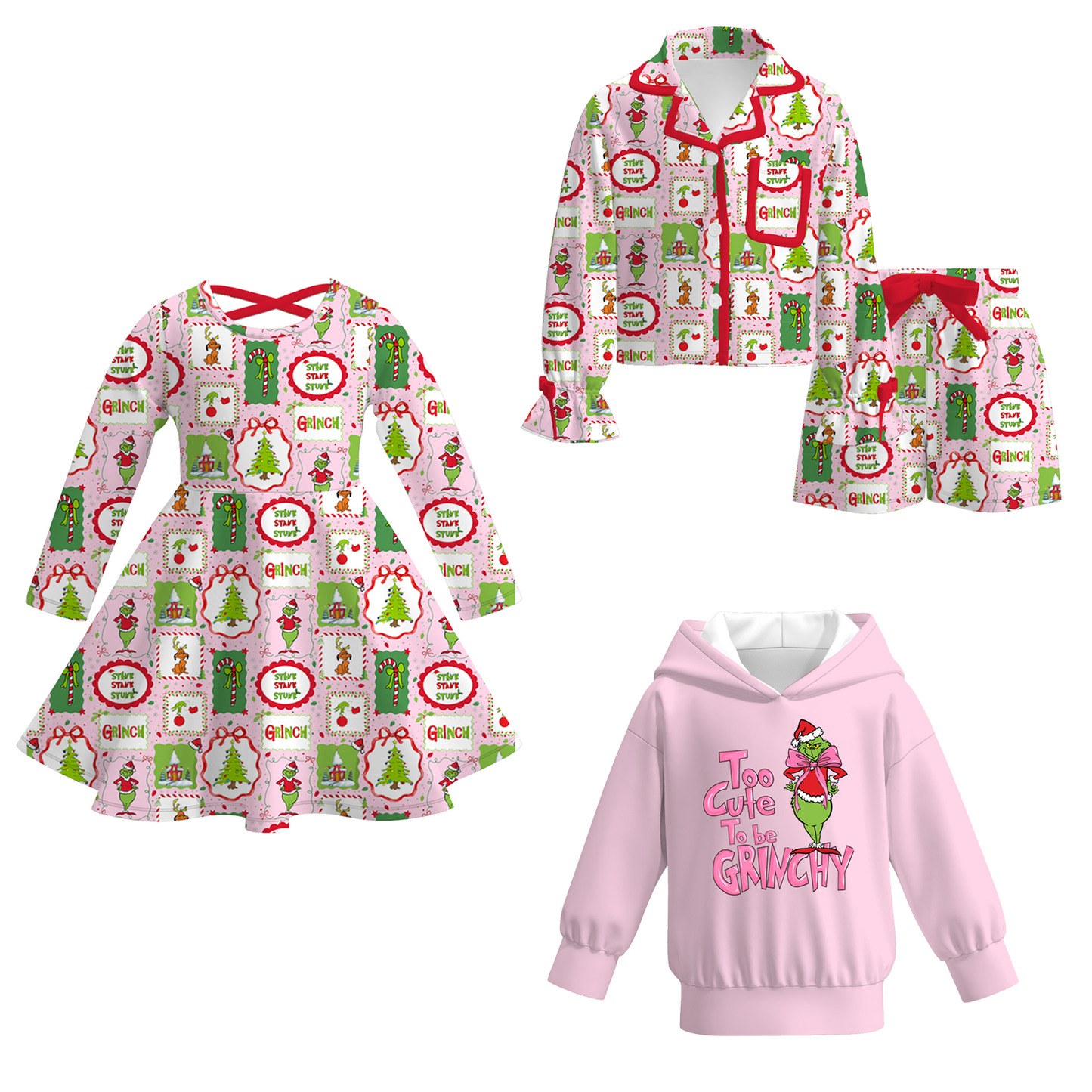 Girls Christmas Grinch Print Fall Winter Sibling Outfits Collection
