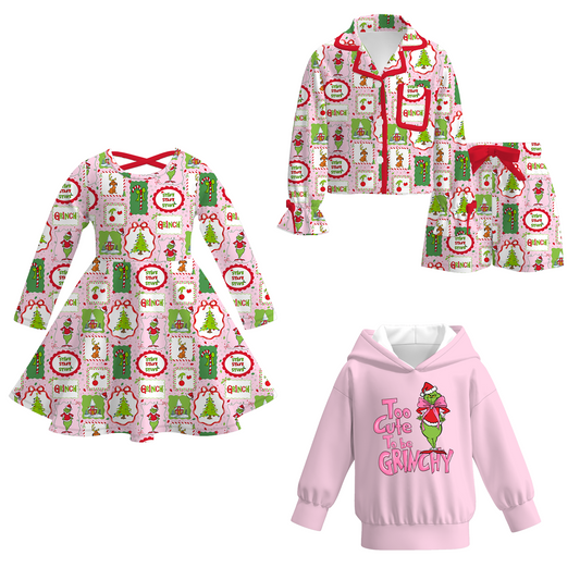 Girls Christmas Grinch Print Fall Winter Sibling Outfits Collection