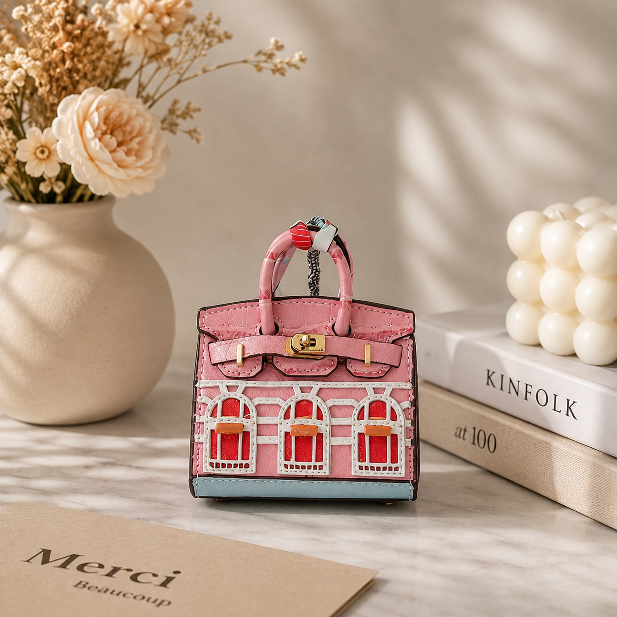 Mini House Bag Charm with Scarf – Faux Leather Coin Purse & Earbud Pouch