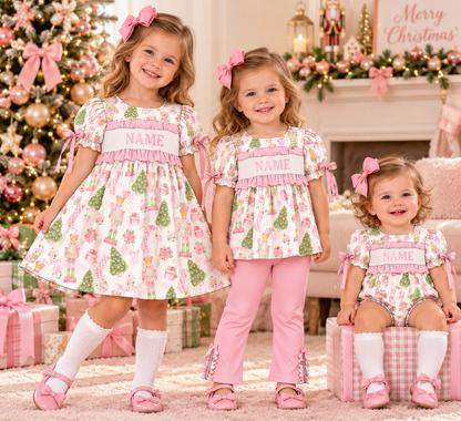Personalized Pink Christmas Smocked Girls Outfit – Custom Name Nutcracker Dress, Ruffle Pants Set & Baby Romper