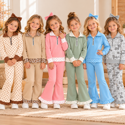 Girls Fall Winter Half Zip Pullover & Ruffle Flare Pants Set – 2 Piece Boutique Outfit, 6 Colors