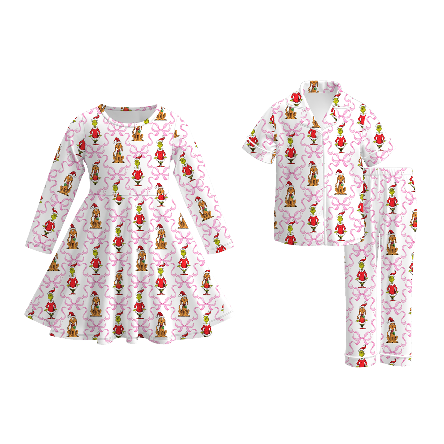 Girls Christmas Matching Pajama Collection – Holiday Print Dress & Two-Piece Sleepwear Set