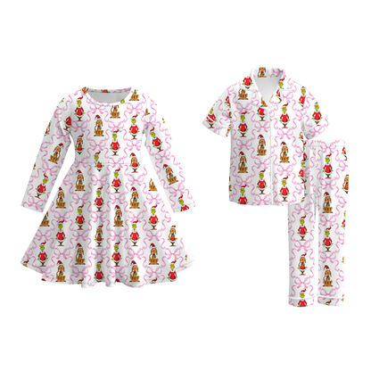 Girls Christmas Matching Pajama Collection – Holiday Print Dress & Two-Piece Sleepwear Set