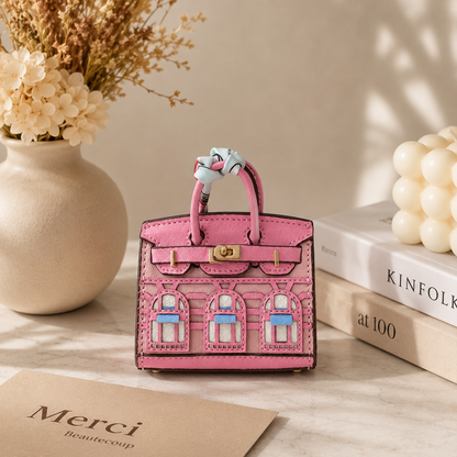 Mini House Bag Charm with Scarf – Faux Leather Coin Purse & Earbud Pouch